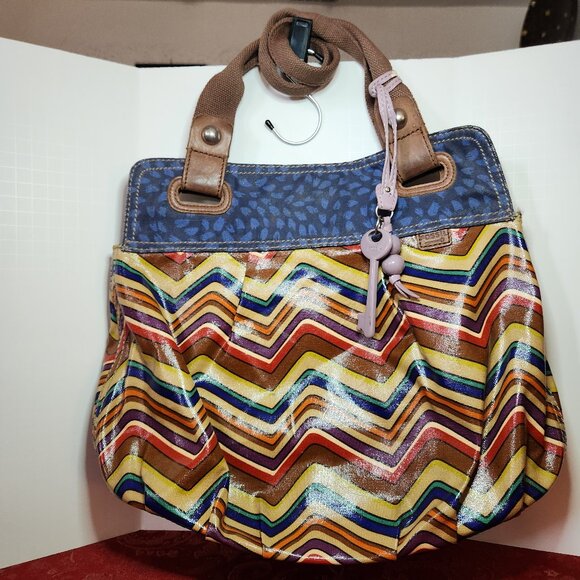 Fossil Key-Per Multicolored Chevron Coated Canvas Shoulder Bag Tote - Picture 1 of 7